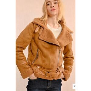 Haute Monde Faux Shearling Aviator Jacket Camel Brown Size Small Teddy Moto Coat
